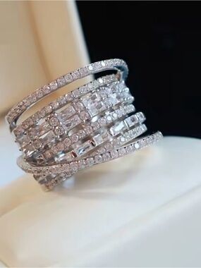 Luxury Multi Band Crystal Statement Ring – Silver Glam Cocktail Ring